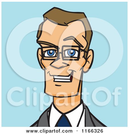 Cartoon of a Bespectacled Business Man Avatar on Blue - Royalty Free Vector Clipart by Cartoon Solutions