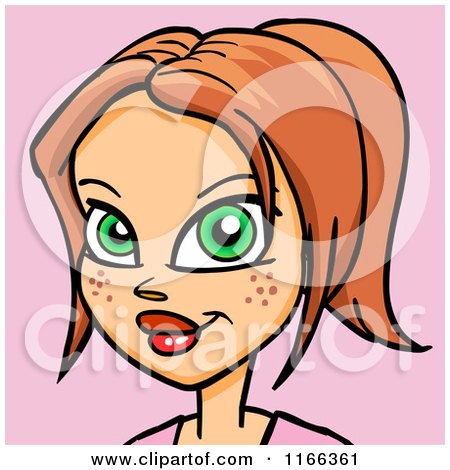 Cartoon of a Freckled Red Haired Woman Avatar on Pink - Royalty Free Vector Clipart by Cartoon Solutions