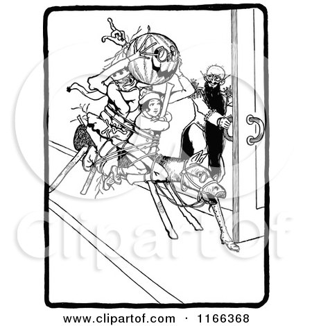 Clipart of Retro Vintage Black and White Land of Oz Characters on a Wooden Horse - Royalty Free Vector Illustration by Prawny Vintage