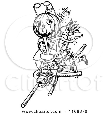 Clipart of Retro Vintage Black and White Land of Oz Characters on a Wooden Horse 2 - Royalty Free Vector Illustration by Prawny Vintage