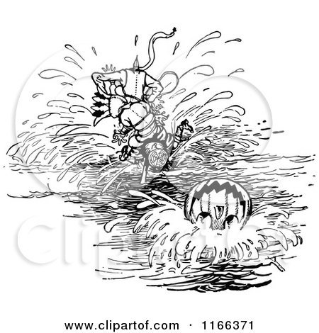 Clipart of Retro Vintage Black and White Land of Oz Characters on a Wooden Horse Crashing into Water - Royalty Free Vector Illustration by Prawny Vintage