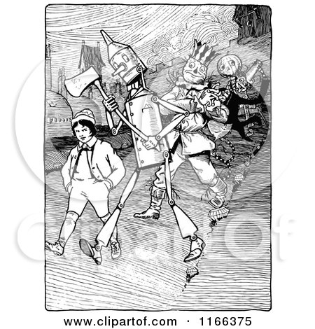 Clipart of Retro Vintage Black and White Land of Oz Characters Walking - Royalty Free Vector Illustration by Prawny Vintage