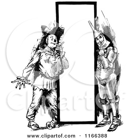 Clipart of a Retro Vintage Black and White Tin Man and Scarecrow by a Sign - Royalty Free Vector Illustration by Prawny Vintage