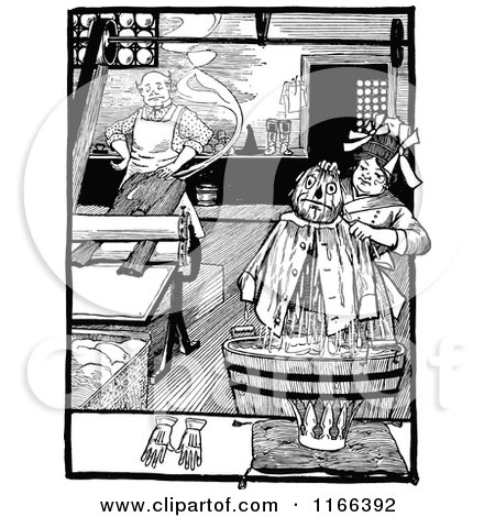 Clipart of a Retro Vintage Black and White Land of Oz Scarecrow Being Washed - Royalty Free Vector Illustration by Prawny Vintage