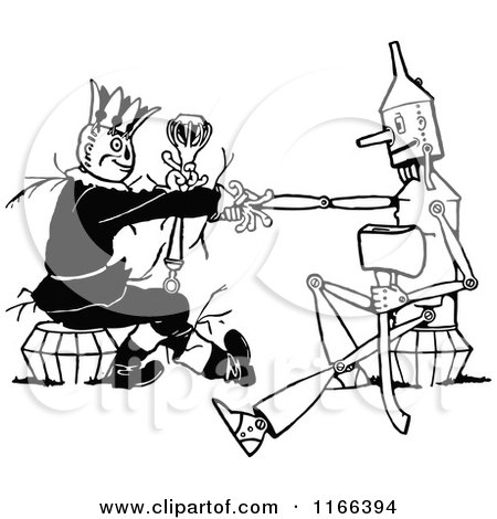 Clipart of a Retro Vintage Black and White Tin Woodman and Scarecrow Shaking Hands - Royalty Free Vector Illustration by Prawny Vintage