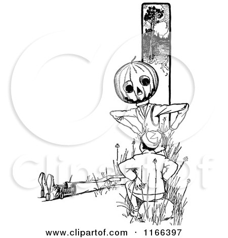 Clipart of a Retro Vintage Black and White Jack Pumpkinhead Talking to a Boy - Royalty Free Vector Illustration by Prawny Vintage