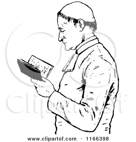 Clipart of a Retro Vintage Black and White Monk Reading - Royalty Free Vector Illustration by Prawny Vintage
