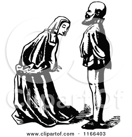 Clipart of a Retro Vintage Black and White Woman Bowing to a Man - Royalty Free Vector Illustration by Prawny Vintage