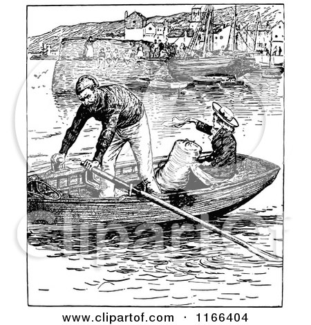 Clipart of a Retro Vintage Black and White Couple in a Row Boat - Royalty Free Vector Illustration by Prawny Vintage