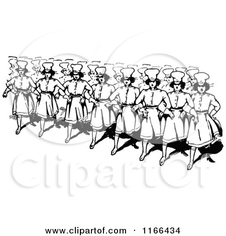 Clipart of Retro Vintage Black and White Female Soldiers Arm in Arm - Royalty Free Vector Illustration by Prawny Vintage