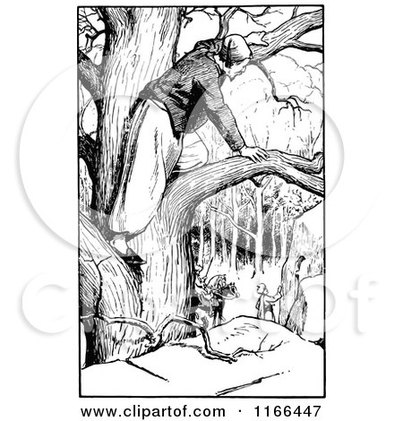 Clipart of a Retro Vintage Black and White Man Spying in a Tree - Royalty Free Vector Illustration by Prawny Vintage