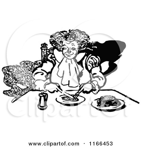 Clipart of a Retro Vintage Black and White Man Eating - Royalty Free Vector Illustration by Prawny Vintage