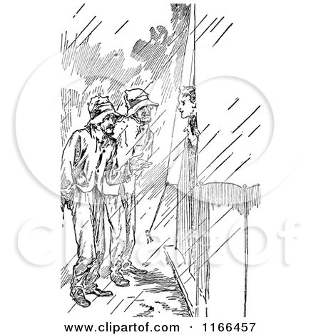 Clipart of a Retro Vintage Black and White Men in the Rain by a Tent - Royalty Free Vector Illustration by Prawny Vintage