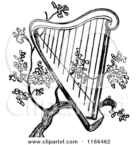 Clipart of a Retro Vintage Black and White Harp in a Tree - Royalty Free Vector Illustration by Prawny Vintage