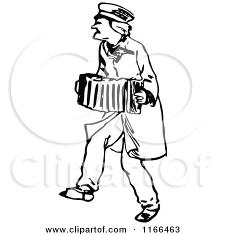 Clipart of a Retro Vintage Black and White Man Playing an Accordion - Royalty Free Vector Illustration by Prawny Vintage