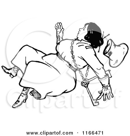 Clipart of a Retro Vintage Black and White Tumbling Woman with a Key - Royalty Free Vector Illustration by Prawny Vintage