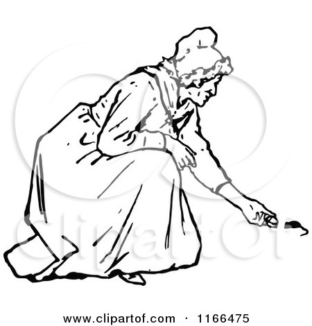 Clipart of a Retro Vintage Black and White Old Woman Feeding Mice - Royalty Free Vector Illustration by Prawny Vintage