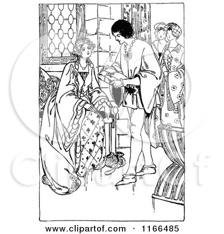 Clipart of a Retro Vintage Black and White Medieval Man and Queen - Royalty Free Vector Illustration by Prawny Vintage