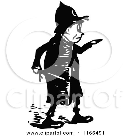 Clipart of a Retro Vintage Black and White Police Man Pointing 2 - Royalty Free Vector Illustration by Prawny Vintage