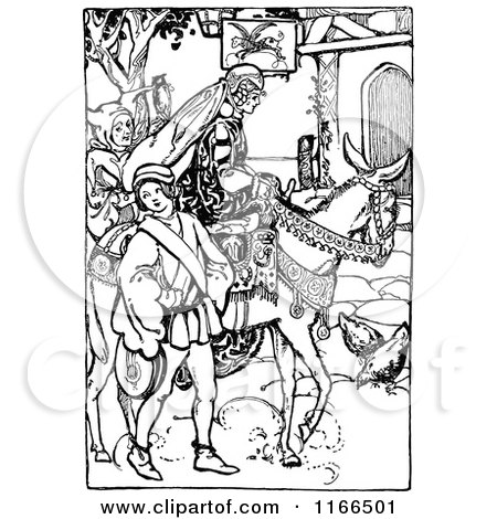 Clipart of a Retro Vintage Black and White Medieval Pirncess on Horseback - Royalty Free Vector Illustration by Prawny Vintage