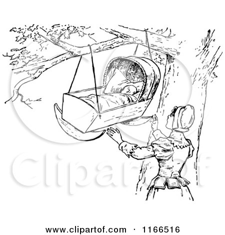Clipart of a Retro Vintage Black and White Mother and Baby Crib in a Tree - Royalty Free Vector Illustration by Prawny Vintage