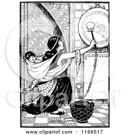 Clipart of a Retro Vintage Black and White Mother Ringing a Gong with a Baby on Her Back - Royalty Free Vector Illustration by Prawny Vintage