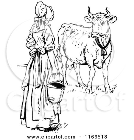 Clipart of a Retro Vintage Black and White Milk Maid by a Cow - Royalty Free Vector Illustration by Prawny Vintage