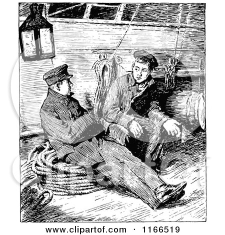 Clipart of Retro Vintage Black and White Men Sitting on a Ship - Royalty Free Vector Illustration by Prawny Vintage