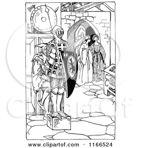 Clipart of a Retro Vintage Black and White Medieval Jester Hiding Behind a Knight Statue - Royalty Free Vector Illustration by Prawny Vintage