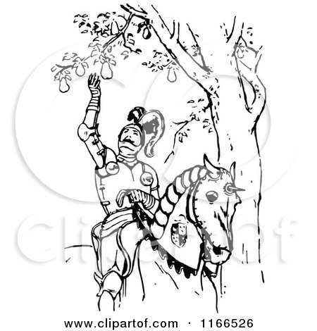 Clipart of a Retro Vintage Black and White Medieval Horseback Knight Picking a Pear - Royalty Free Vector Illustration by Prawny Vintage