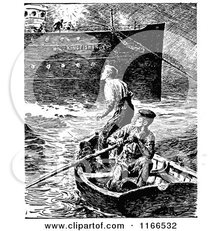 Clipart of a Retro Vintage Black and White Men in a Boat by a Ship - Royalty Free Vector Illustration by Prawny Vintage