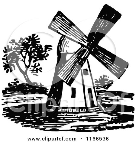 Clipart of a Retro Vintage Black and White Old Windmill - Royalty Free Vector Illustration by Prawny Vintage