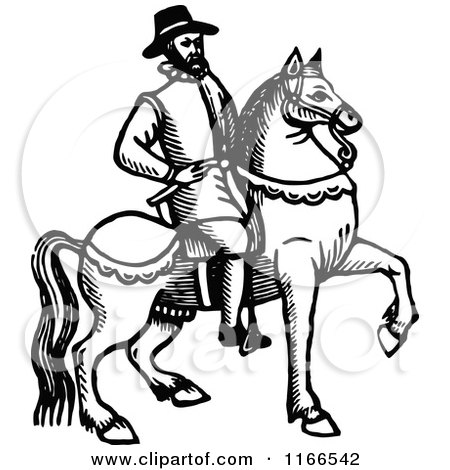 Clipart of a Retro Vintage Black and White Horseback Man - Royalty Free Vector Illustration by Prawny Vintage