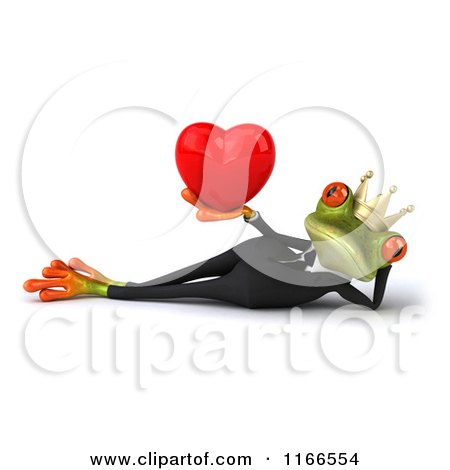 Clipart of a 3d Green Reclined Frog Prince Wearing a Tuxedo and Holding a Valentine Heart - Royalty Free CGI Illustration by Julos
