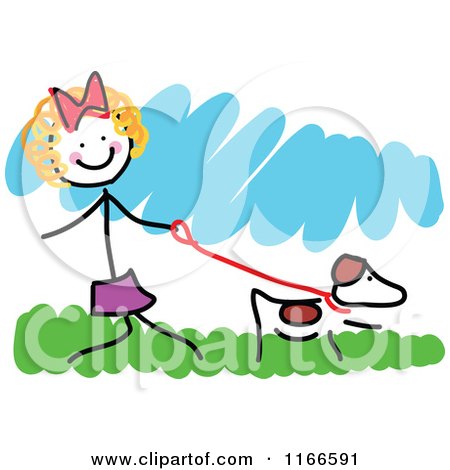 Cartoon of a Happy Little Stick Girl Walking a Dog - Royalty Free Vector Clipart by Maria Bell