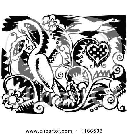 Clipart of a Retro Vintage Black and White Bird and Floral Design - Royalty Free Vector Illustration by Prawny Vintage
