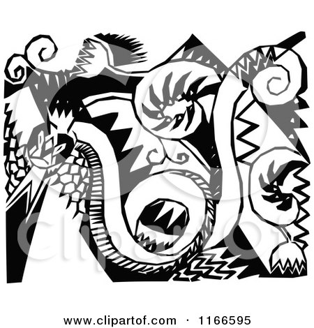 Clipart of a Retro Vintage Black and White Snake and Floral Design - Royalty Free Vector Illustration by Prawny Vintage