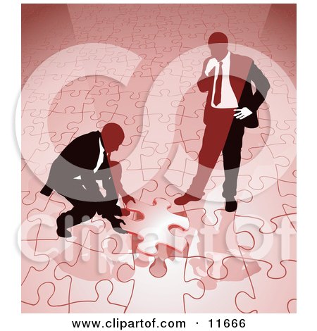 Two Businessmen Completing a Red Jigsaw Puzzle Together Clipart Illustration by AtStockIllustration