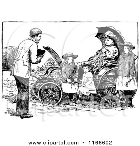 Clipart of a Retro Vintage Black and White Man Approaching a Woman and Children in a Carriage - Royalty Free Vector Illustration by Prawny Vintage