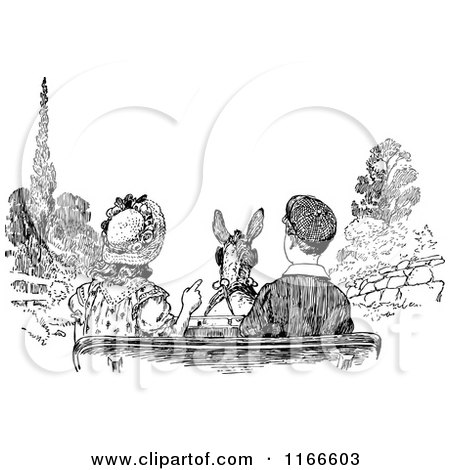 Clipart of Retro Vintage Black and White Children Riding in a Cart - Royalty Free Vector Illustration by Prawny Vintage