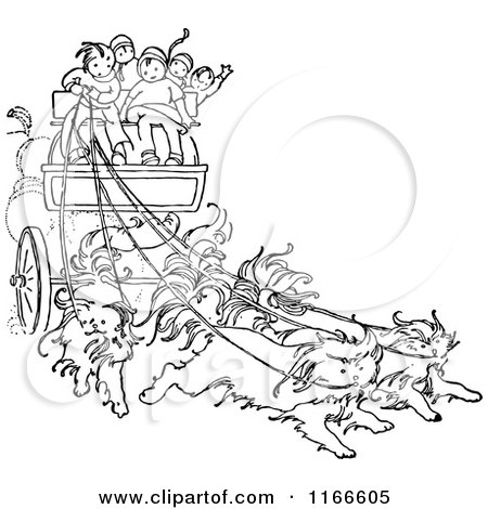 Clipart of Retro Vintage Black and White Children on a Cat Drawn Carriage - Royalty Free Vector Illustration by Prawny Vintage