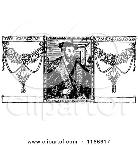 Clipart of a Retro Vintage Black and White Charles V the Emperor - Royalty Free Vector Illustration by Prawny Vintage