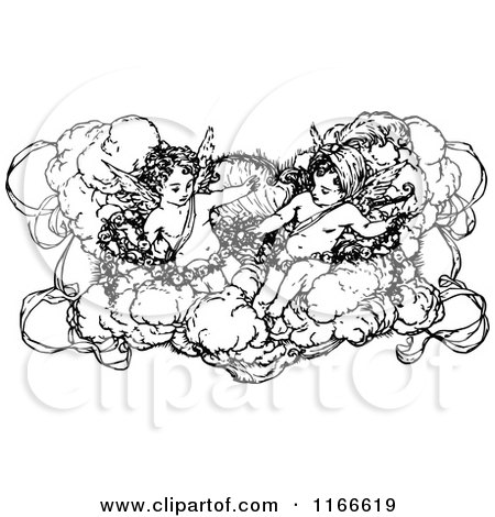 Clipart of Retro Vintage Black and White Cherubs in a Cloud - Royalty Free Vector Illustration by Prawny Vintage