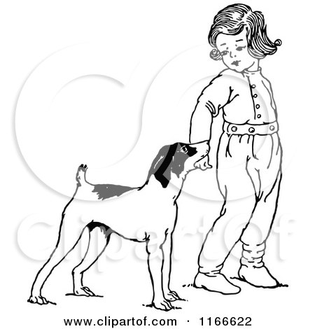 Clipart of a Retro Vintage Black and White Dog and Child - Royalty Free Vector Illustration by Prawny Vintage