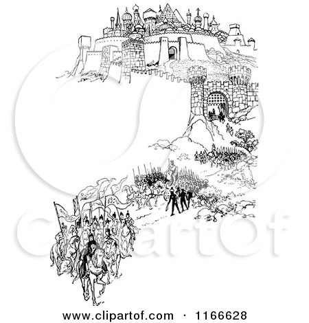 Clipart of a Retro Vintage Black and White Medieval Hillside City and Soldiers - Royalty Free Vector Illustration by Prawny Vintage