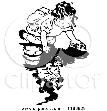 Clipart of a Retro Vintage Black and White Girl Scrubbing the Floor by Her Doll - Royalty Free Vector Illustration by Prawny Vintage
