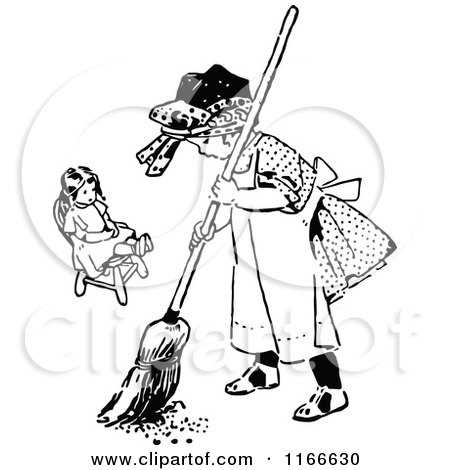 Clipart of a Retro Vintage Black and White Girl Sweeping by Her Doll - Royalty Free Vector Illustration by Prawny Vintage