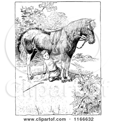 Clipart of a Retro Vintage Black and White Boy Under a Horse - Royalty Free Vector Illustration by Prawny Vintage
