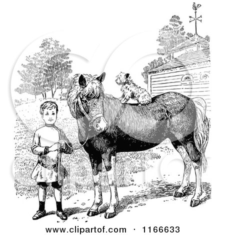 Clipart of a Retro Vintage Black and White Boy with His Dog on a Horse - Royalty Free Vector Illustration by Prawny Vintage