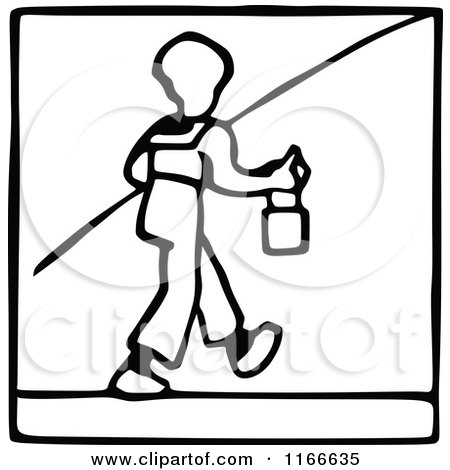 Clipart of a Retro Vintage Black and White Boy Going Fishing - Royalty Free Vector Illustration by Prawny Vintage